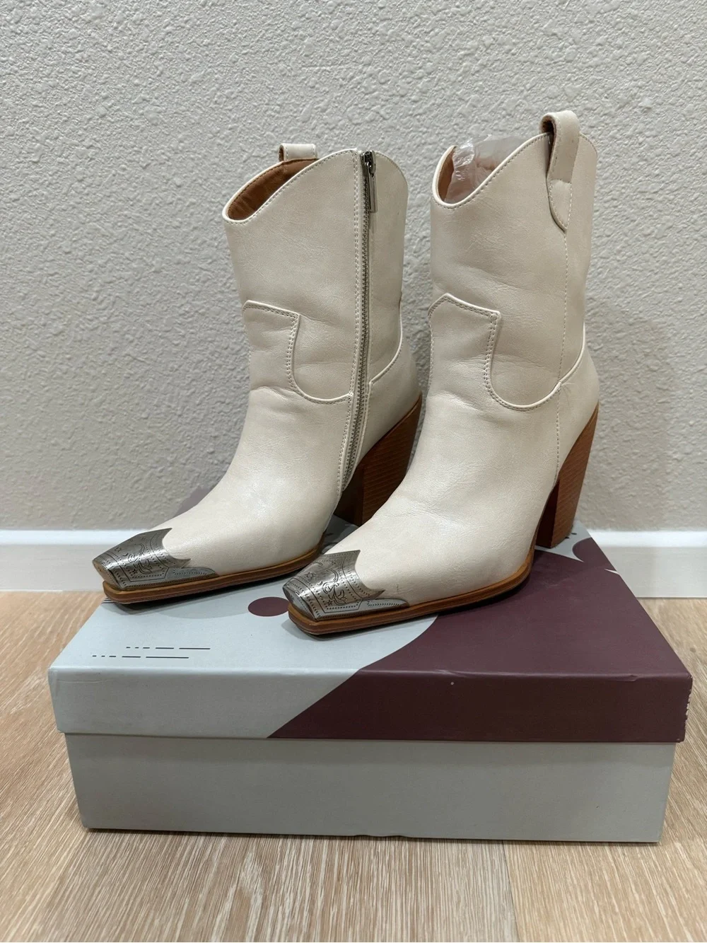 Cream Western Ankle Booties with Silver Toe Detail